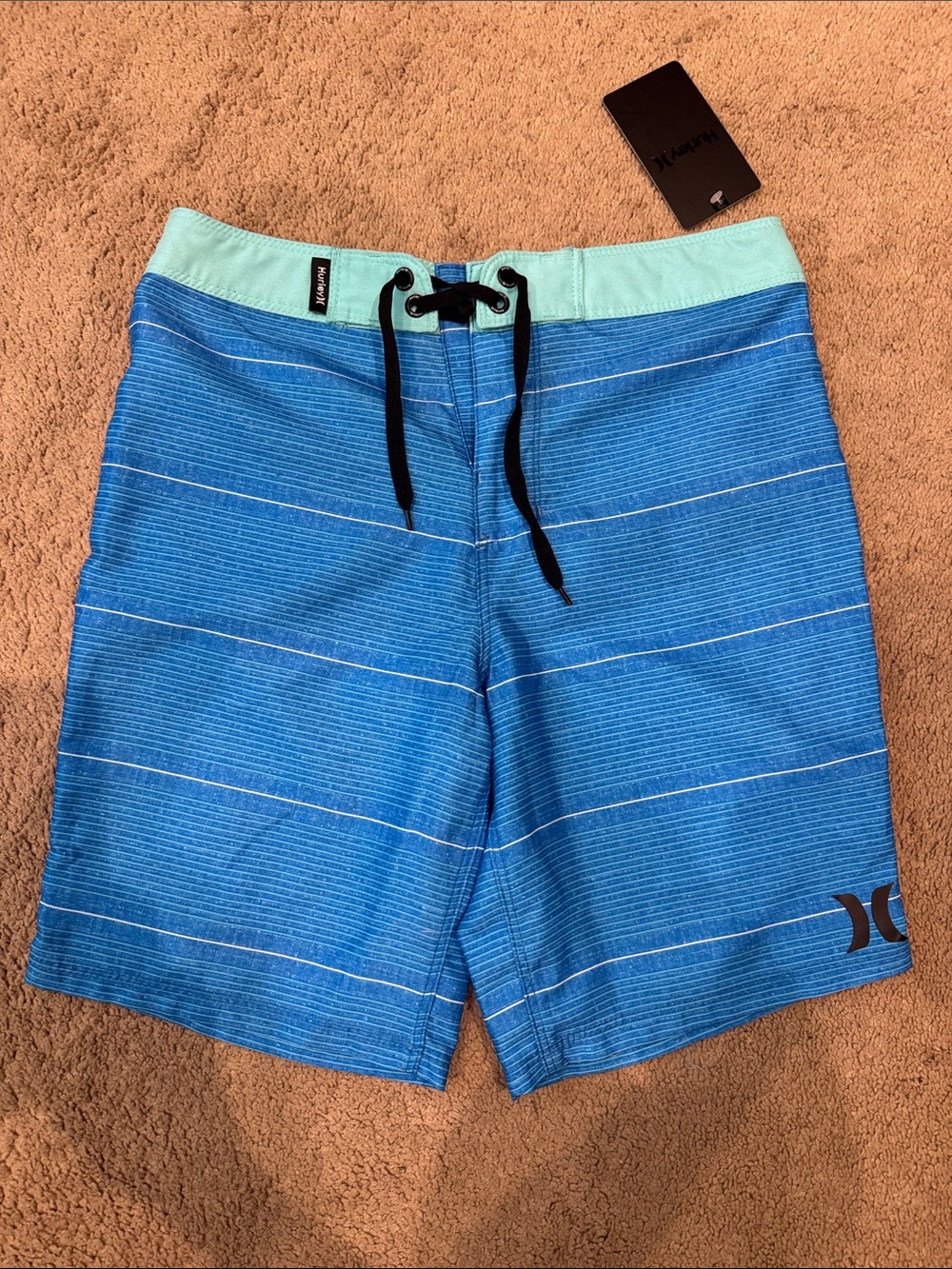Boys size 10 Hurley Blue Striped Swim Trunks with Mint Waistband